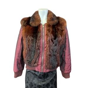 90s Y2K Mixed Fabric Brown Faux Fur Burgundy Full Zip Reversible Coat Womens M